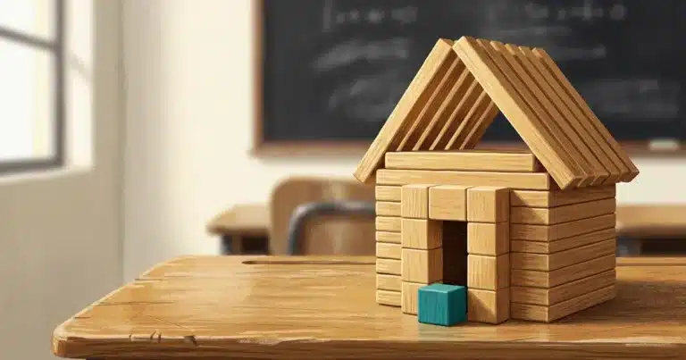Meu filho tem preguiça de estudar: casinha de material dourado sobre carteira escolar, símbolo das lacunas invisíveis