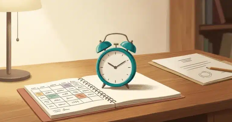 Como ajudar filho com TDAH a estudar: mesa de estudo com caderno de plano semanal desenhado à mão, pasta de laudo fechada ao lado e despertador analógico em destaque