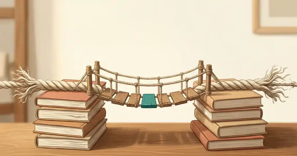 Corda de cabo de guerra com as pontas desgastadas retrançada no meio em uma pequena ponte de madeira entre duas pilhas de livros escolares