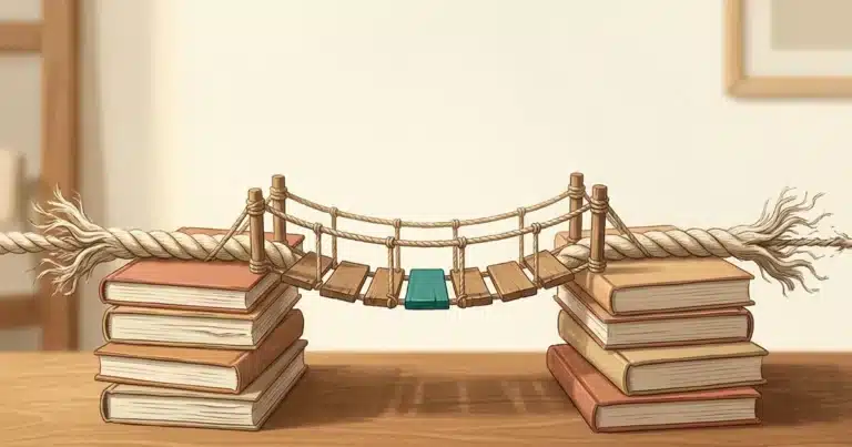 Corda de cabo de guerra com as pontas desgastadas retrançada no meio em uma pequena ponte de madeira entre duas pilhas de livros escolares