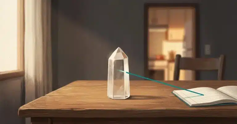 Cristal sobre mesa de jantar com feixe de luz atravessando limpo e chegando a um caderno escolar aberto