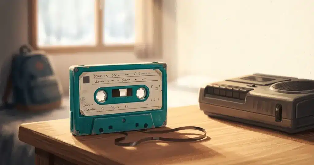 Fita cassete com etiqueta escrita à mão sobre escrivaninha de quarto adolescente, com rádio gravador antigo desfocado ao fundo