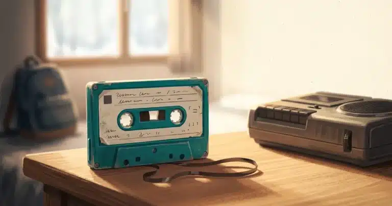 Fita cassete com etiqueta escrita à mão sobre escrivaninha de quarto adolescente, com rádio gravador antigo desfocado ao fundo