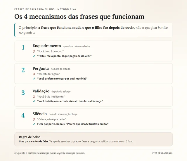 Diagrama com frases para motivar os filhos organizadas pelos 4 mecanismos que funcionam: enquadramento, pergunta, validação e silêncio, com exemplos do que evitar e do que dizer