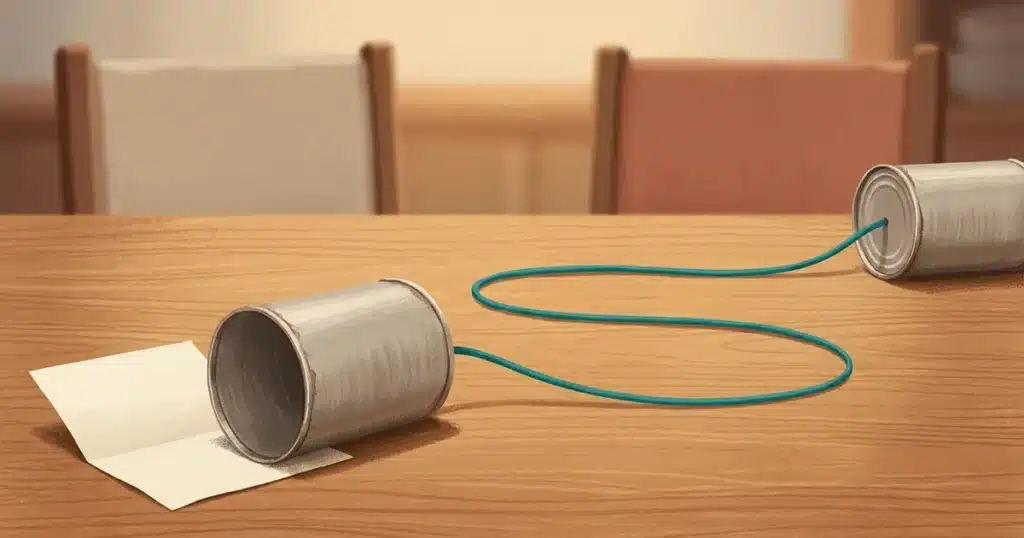 Telefone de lata com fio esticado entre duas latas sobre a mesa da família: alternativa a gritar com os filhos, a voz baixa que conecta