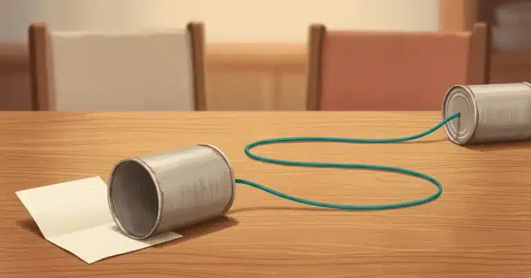 Telefone de lata com fio esticado entre duas latas sobre a mesa da família: alternativa a gritar com os filhos, a voz baixa que conecta