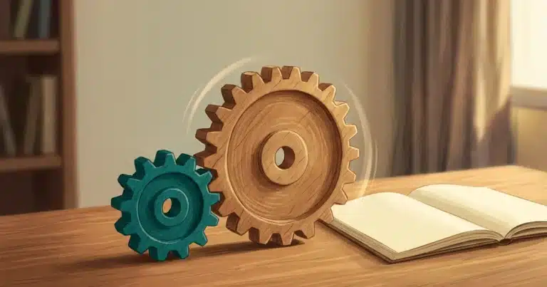 Engrenagem pequena em teal engatada numa engrenagem grande de madeira sobre uma mesa de estudos, movendo um caderno aberto: hábitos de estudo que começam pequenos e movem o resultado grande