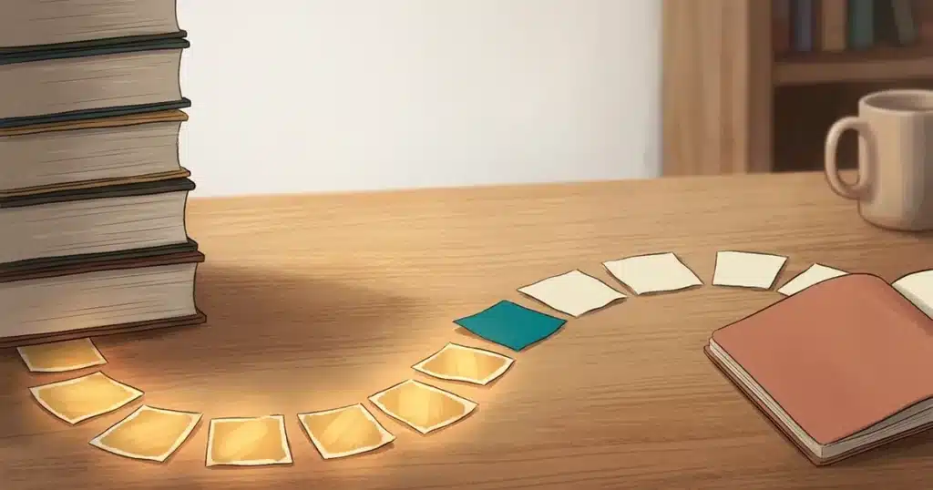 Trilha de pequenas peças de papel sobre uma mesa de estudos, com as primeiras acesas em dourado, ligando uma pilha de livros fechados a um caderno aberto: organização dos estudos como caminho de pequenas vitórias