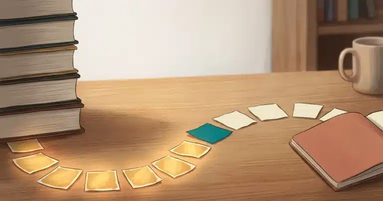 Trilha de pequenas peças de papel sobre uma mesa de estudos, com as primeiras acesas em dourado, ligando uma pilha de livros fechados a um caderno aberto: organização dos estudos como caminho de pequenas vitórias