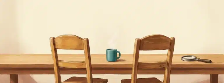 Participação dos pais na escola representada por duas cadeiras lado a lado diante de uma mesa, com uma caneca entre elas e uma lupa abandonada na ponta