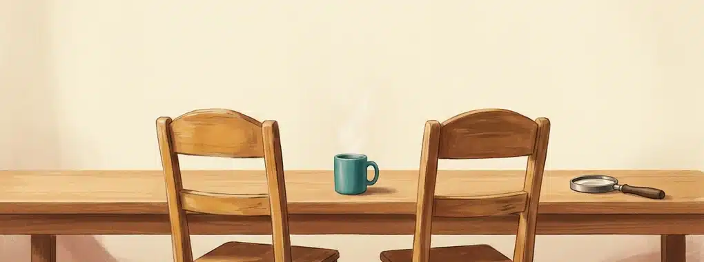 Participação dos pais na escola representada por duas cadeiras lado a lado diante de uma mesa, com uma caneca entre elas e uma lupa abandonada na ponta