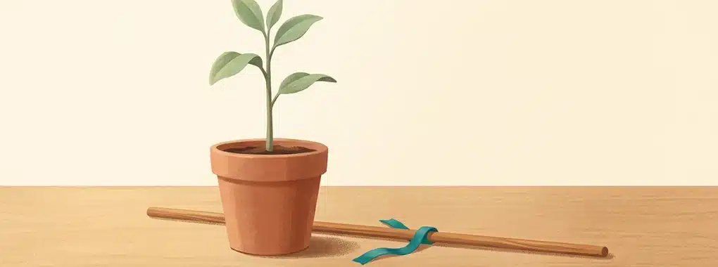 Reforço escolar em casa representado por uma plantinha que já fica de pé sozinha ao lado do tutor de madeira desamarrado sobre a mesa