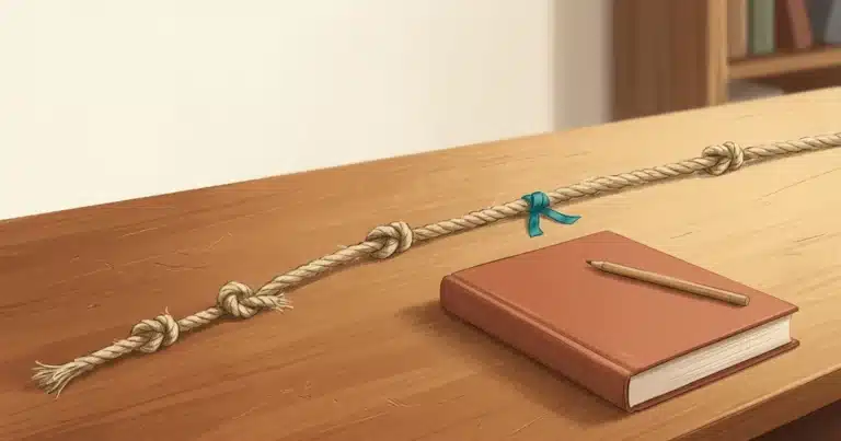 Técnicas de memorização representadas por uma corda com nós cada vez mais espaçados sobre a mesa de estudos, ao lado de um livro fechado