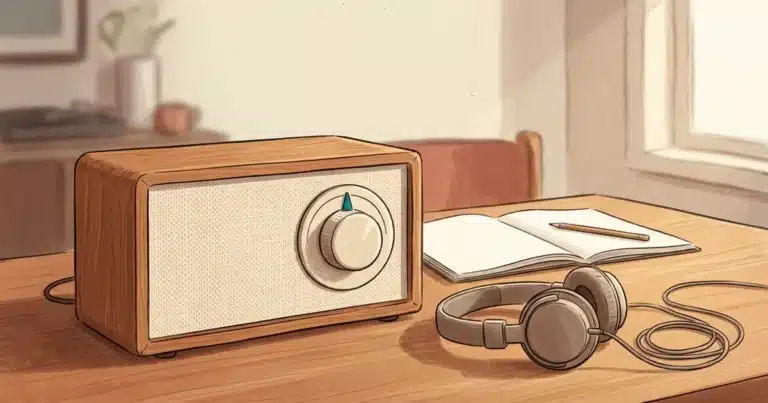 Tempo de concentração nos estudos simbolizado por um rádio antigo com o volume no ponto médio e um fone de ouvido ao lado, na mesa de estudos