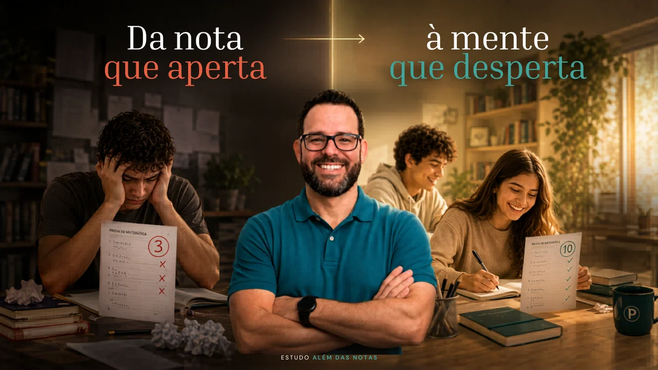 Bruno Piva no centro entre alunos frustrados (lado esquerdo, nota 3) e alunos comemorando (lado direito, nota 9 e 10), com tipografia 'Do fracasso e da frustração ao sucesso e à realização'