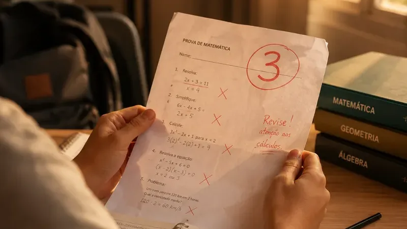 Mãos de adolescente segurando prova de matemática com nota 3 vermelha