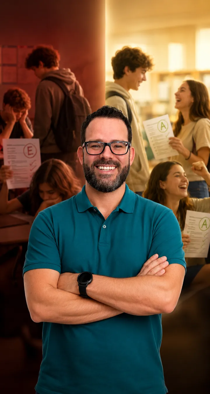 Bruno Piva de braços cruzados, com alunos frustrados ao fundo à esquerda e alunos comemorando à direita