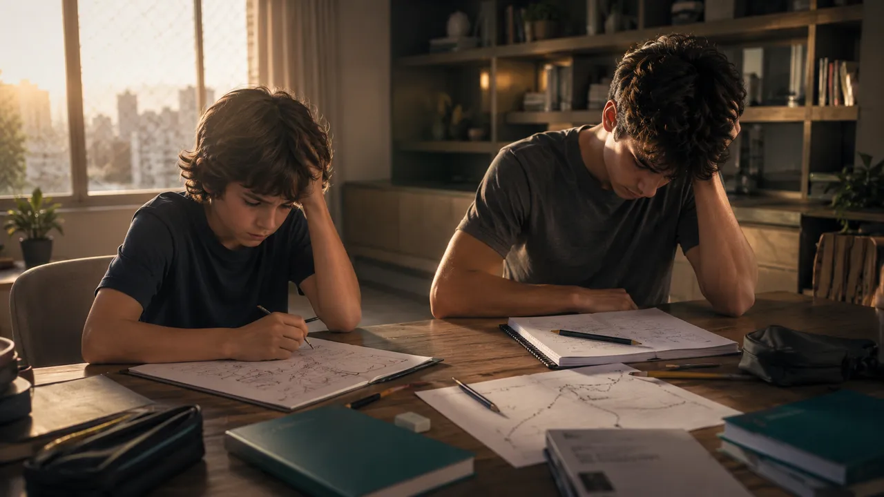 Dois adolescentes estudando matemática sem perceber a fratura de aprendizagem que trava o conteúdo