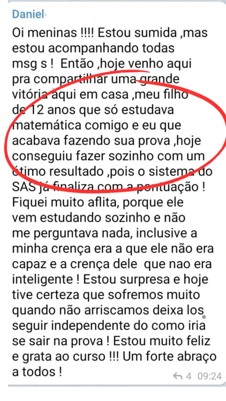Depoimento sobre filho fazendo prova sozinho