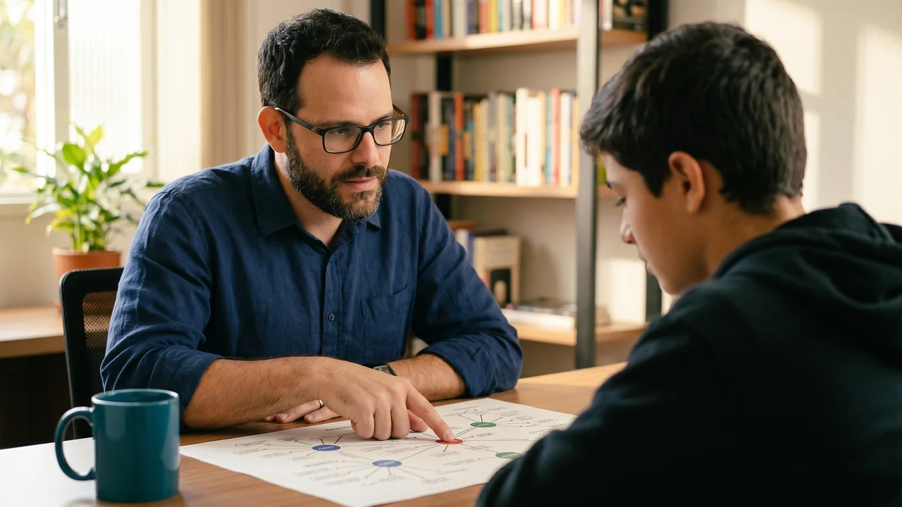 Bruno Piva, de camisa azul-marinho e óculos, apontando com a caneta para um framework educacional impresso enquanto explica a um adolescente sentado de frente – consultório PIVA Educacional em Campo Belo, São Paulo