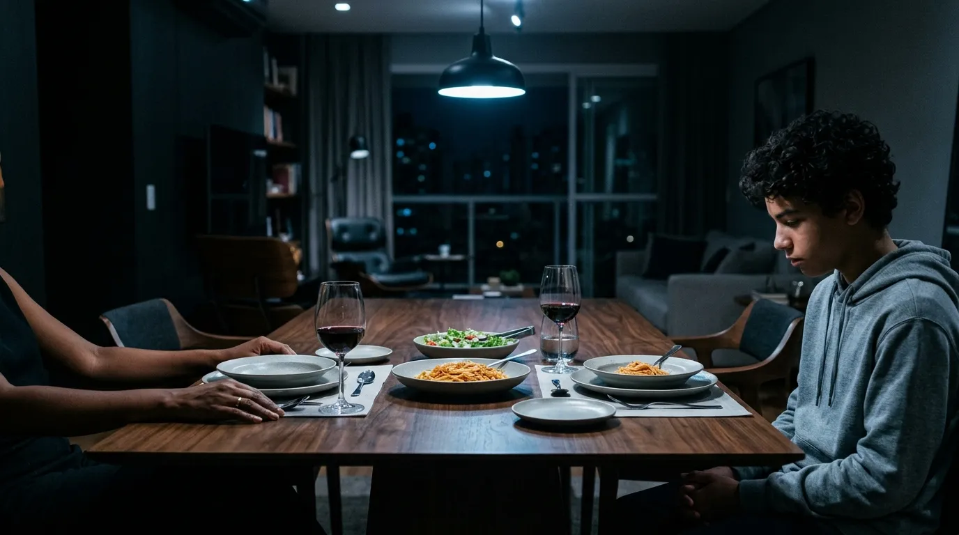 Mesa de jantar com tensão silenciosa entre mãe e adolescente
