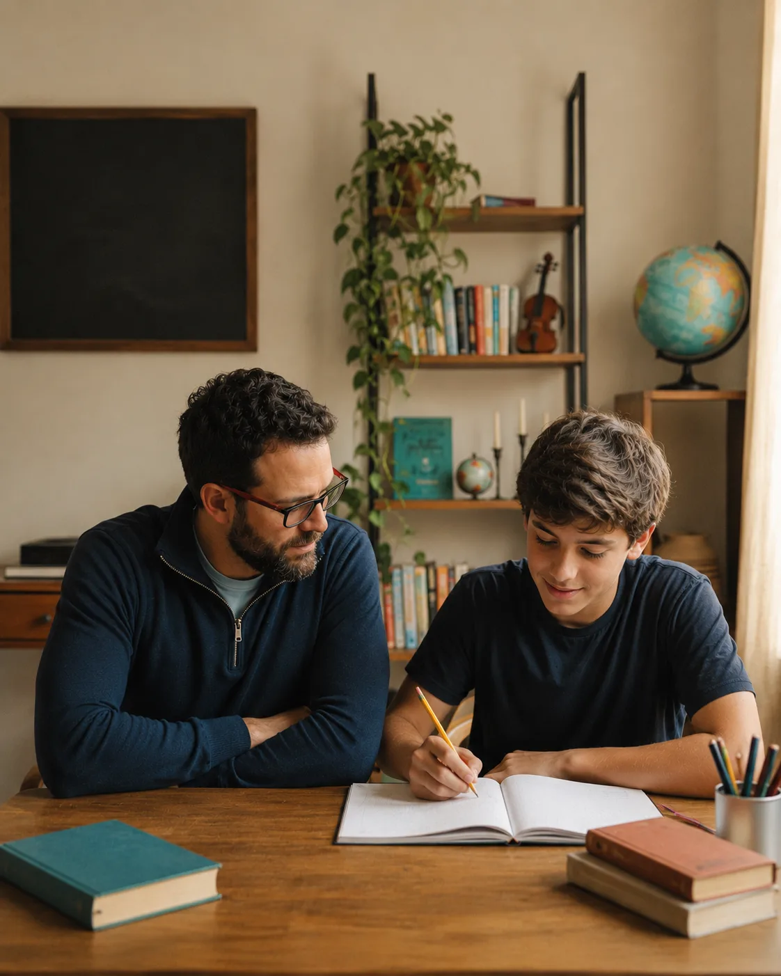 Bruno Piva, da PIVA Educacional, estudando ao lado de um aluno adolescente em uma mesa