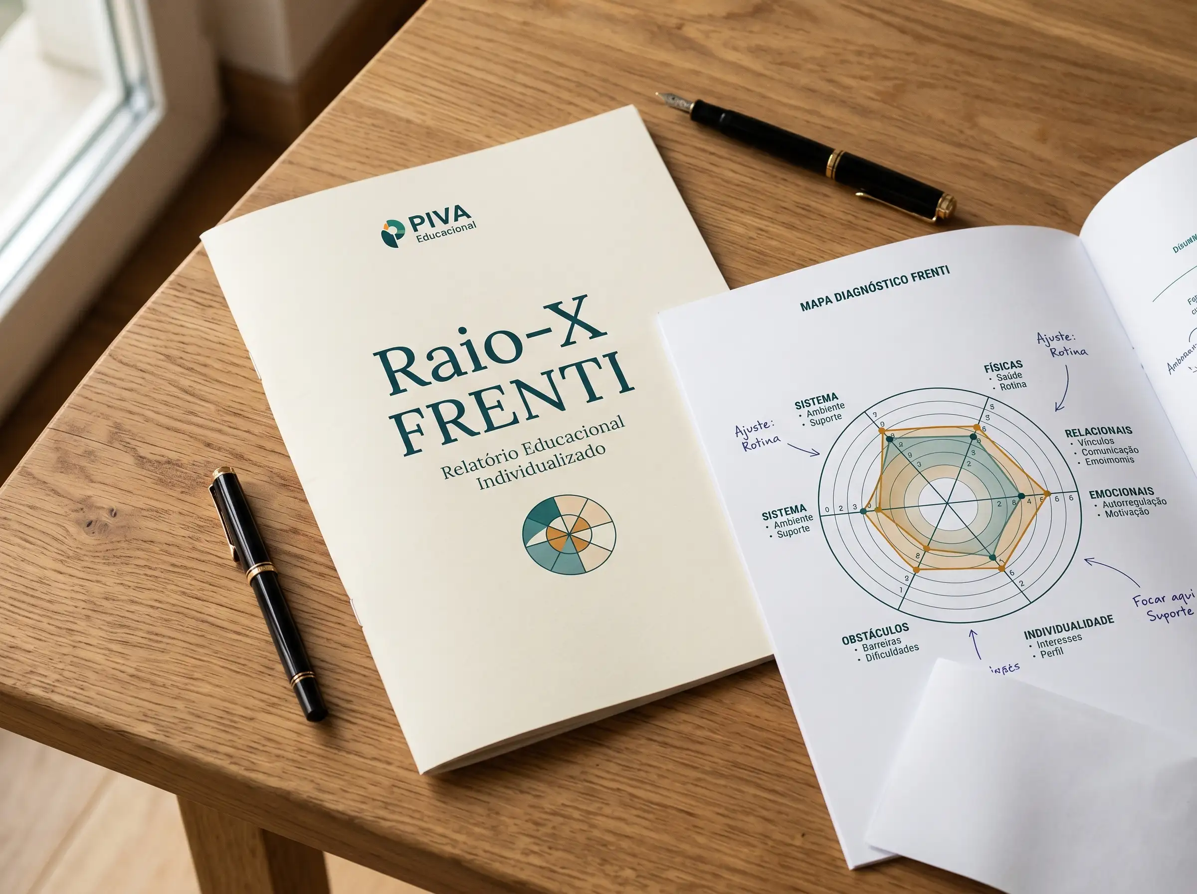Relatório físico Raio-X FRENTI com capa e mapa diagnóstico hexagonal F.R.E.I.O.S. aberto sobre mesa de madeira