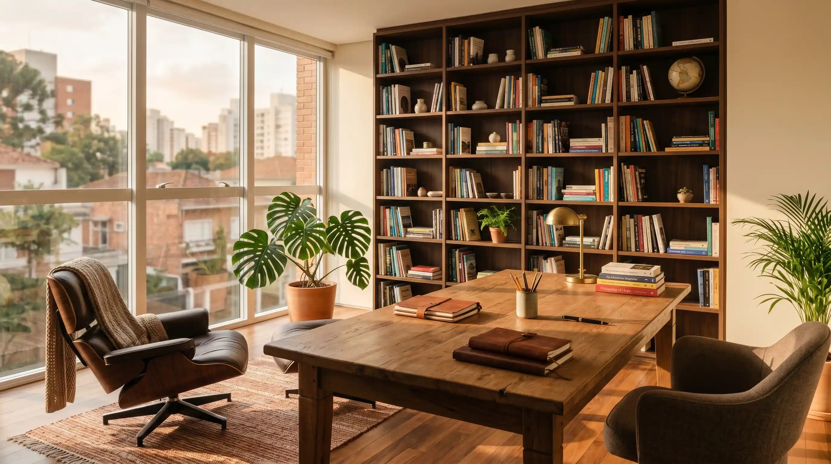 Interior da sede da PIVA Educacional em Campo Belo, São Paulo: biblioteca com livros, mesa de trabalho e janela com vista da cidade