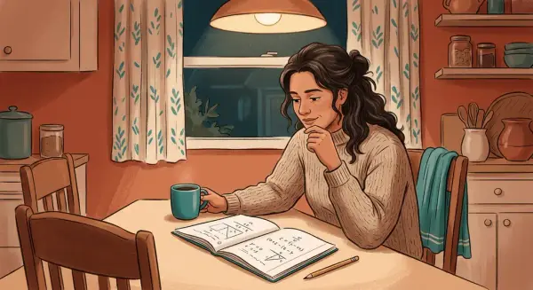 Mãe à noite com caderno aberto, refletindo sobre a matemática do filho
